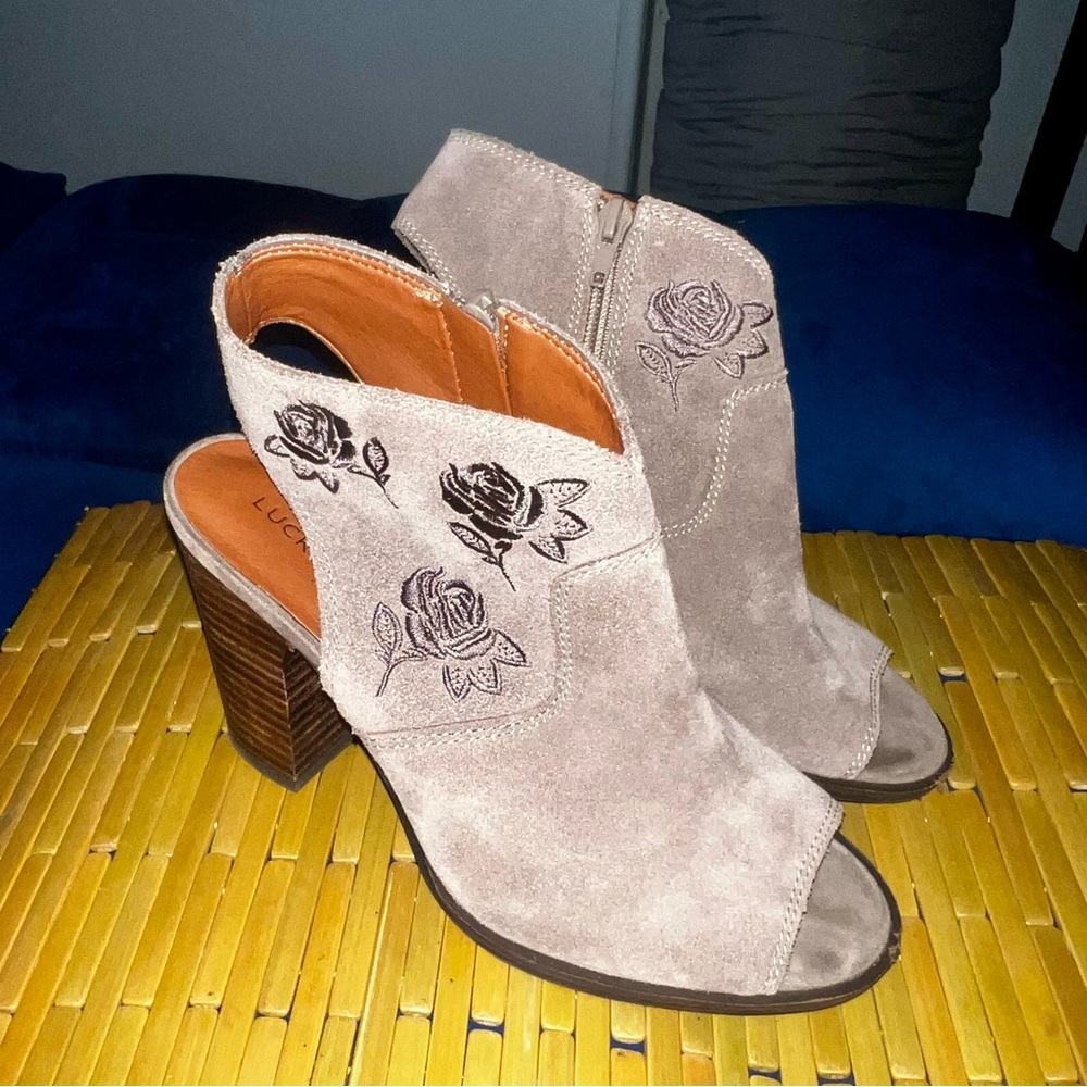 Lucky Brand Taupe Peep-Toe Heeled Boots
